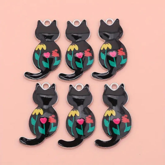 Pandantiv pisica argintiu emailat negru cu flori 17x30mm