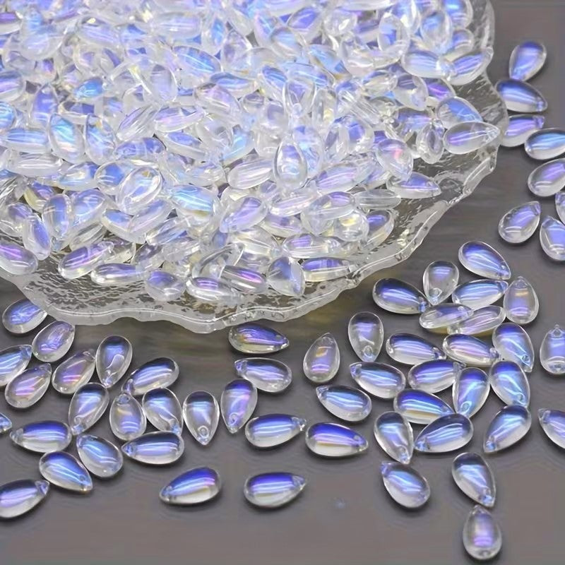 Pandantiv sticla picatura 14x8mm transparent efect albastru