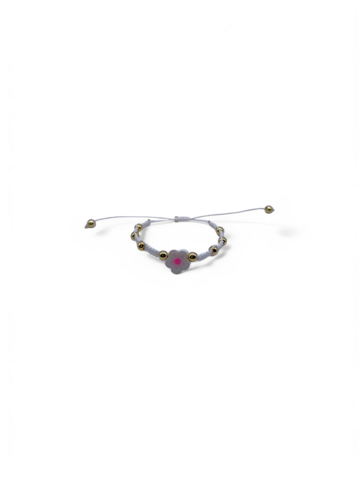 Bratara reglabila copii White Flower alb cu auriu si floare