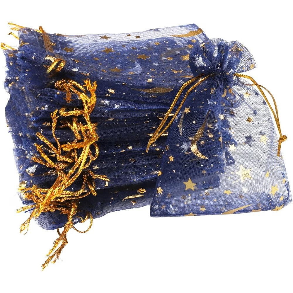 Saculet organza bluemarin cu stele si luna aurii 7x9cm