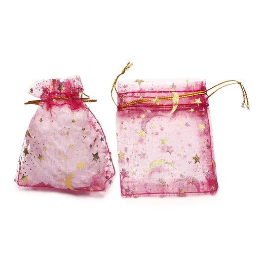 Saculet organza fucsia cu stele si luna aurii 7x9mm