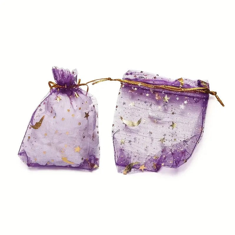 Saculet organza mov cu stele si luna aurii 7x9mm