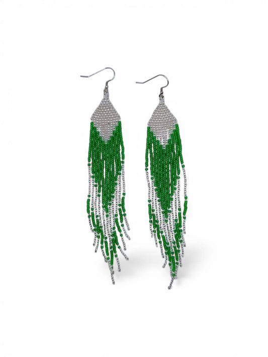 Cercei franjuri lungi Green Sparkle verde si argintiu