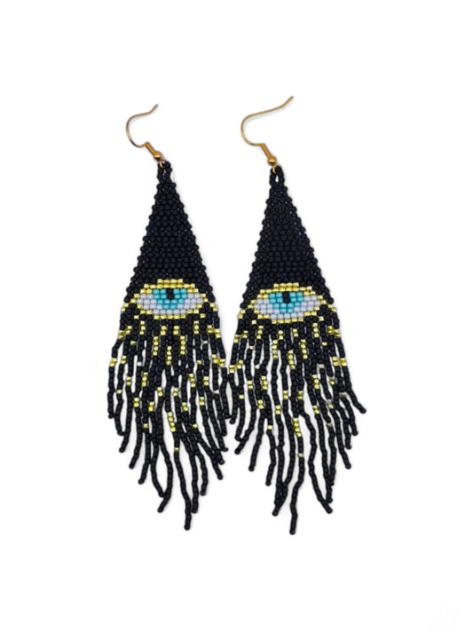 Cercei franjuri The Eye negri cu model ochi