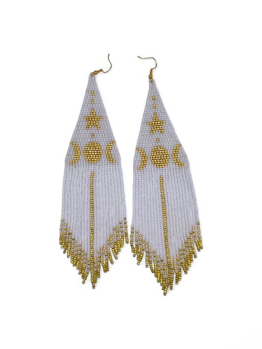 Cercei franjuri statement White Starlight alb cu auriu