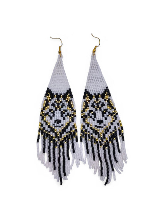 Cercei franjuri Starlight Wolf alb cu model lup