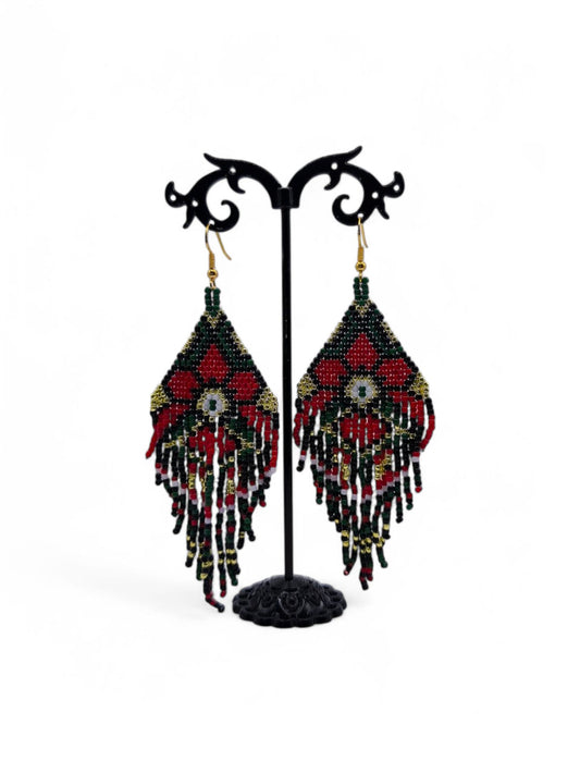 Cercei franjuri Wild Flower rosu cu verde, negru si auriu