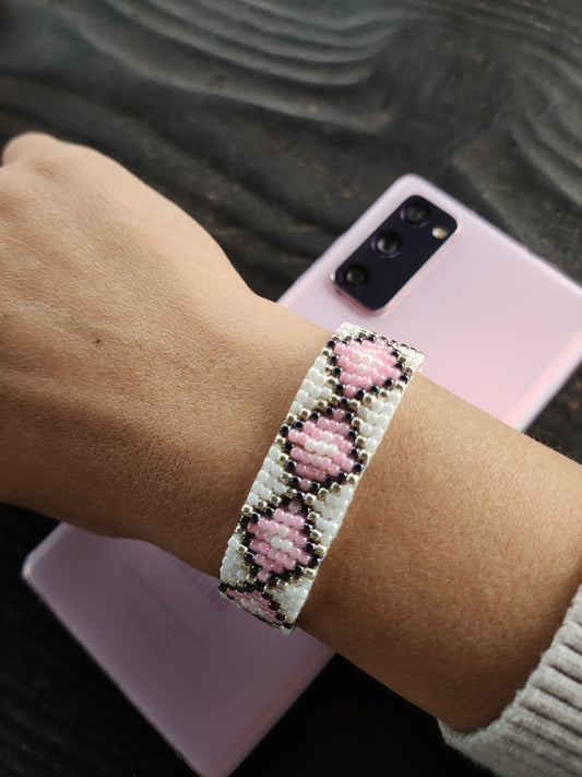 Bratara tesuta handmade Pink Diamond alb si roz