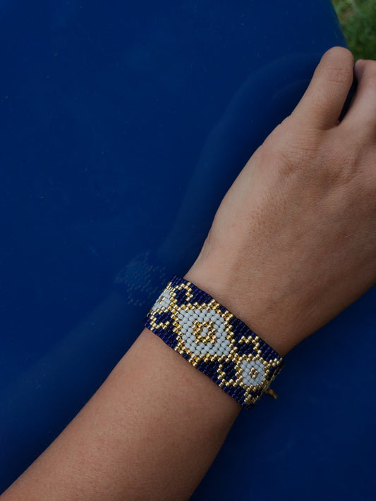 Bratara tesuta handmade Golden Cobalt albastru alb si auriu