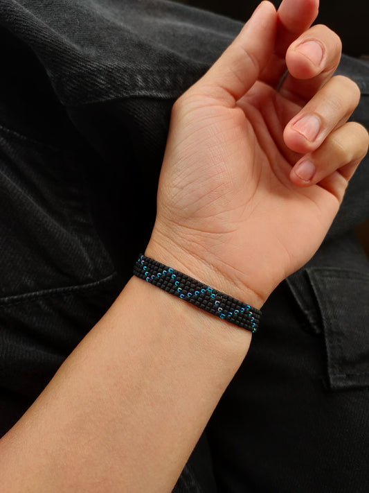 Bratara tesuta handmade Rainbow Aqua negru si albastru