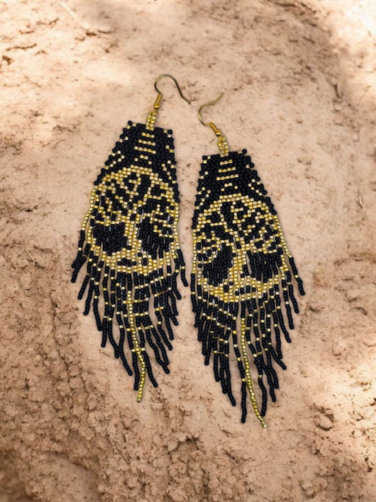 Cercei franjuri Tree of Life negru cu model copacul vietii auriu