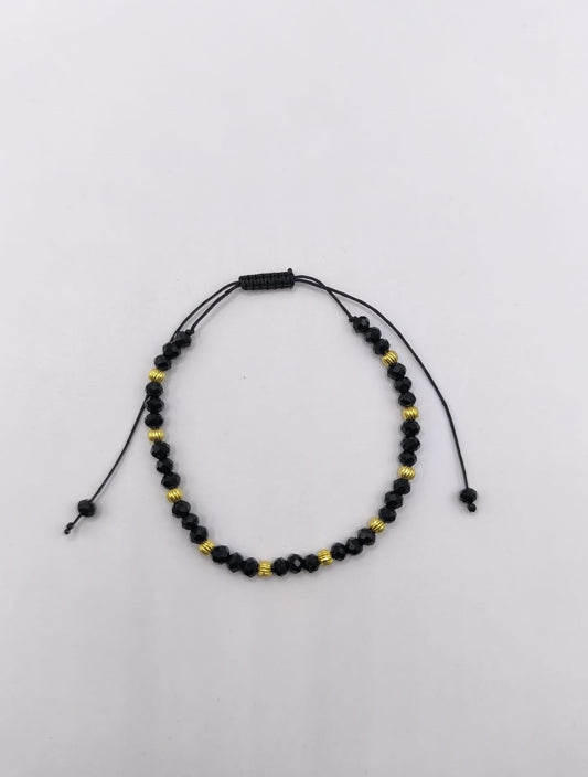 Bratara reglabila Black & Gold –margele negre cu margele din argint placate cu aur pe snur negru 