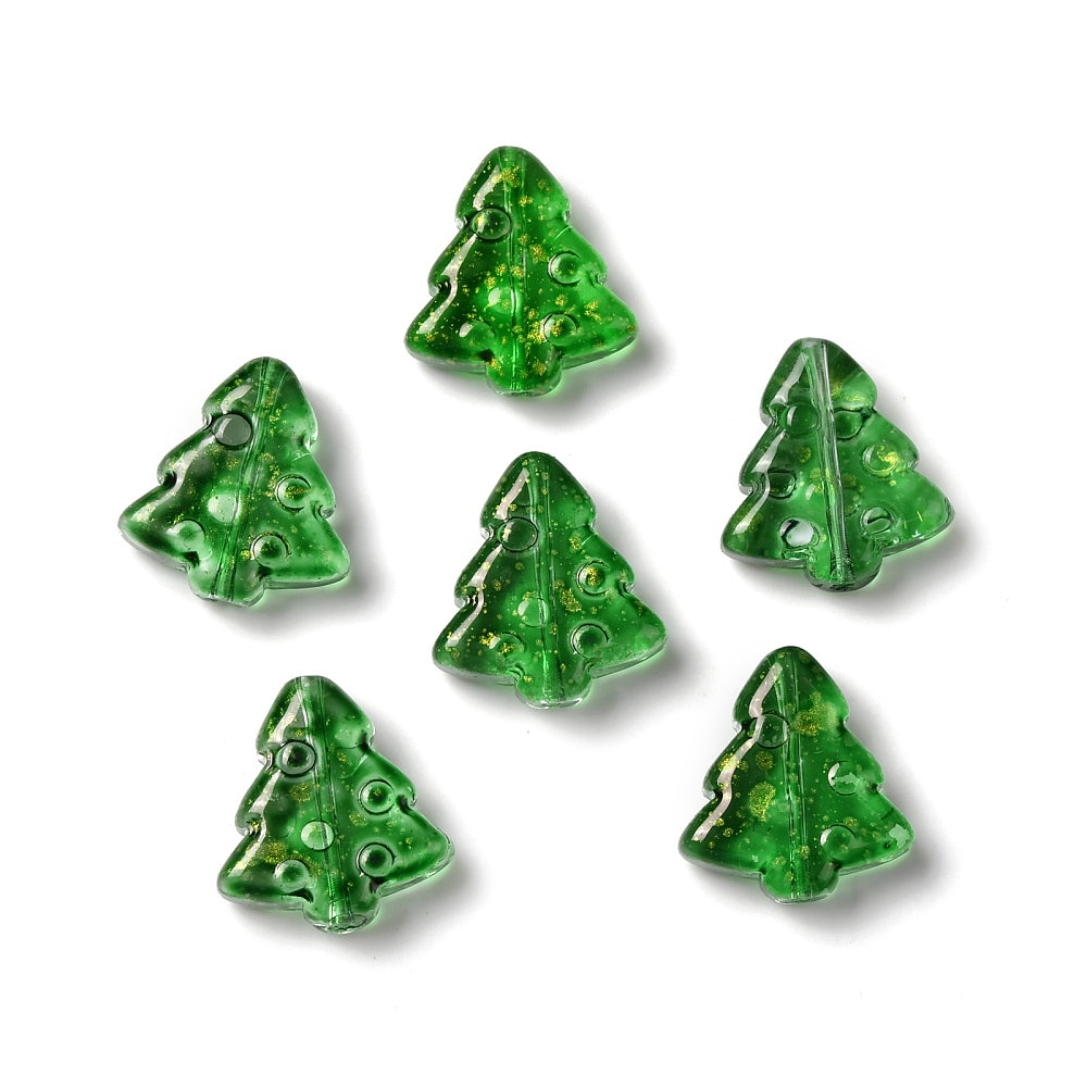Margele sticla brad 16x15mm verde cu auriu