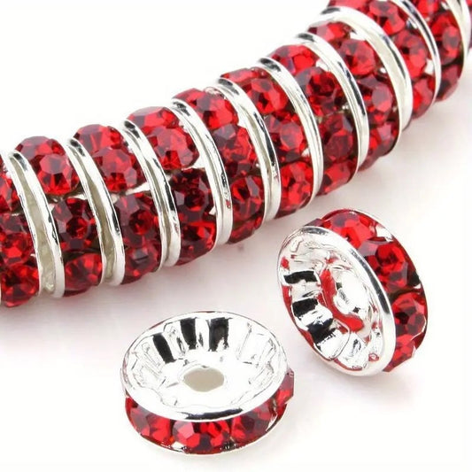 Distantiere rondele argintii cu strasuri rosii 6x2mm