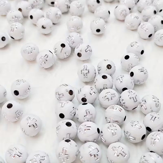 Margele acrilice 8mm alb cu model cruce argintiu