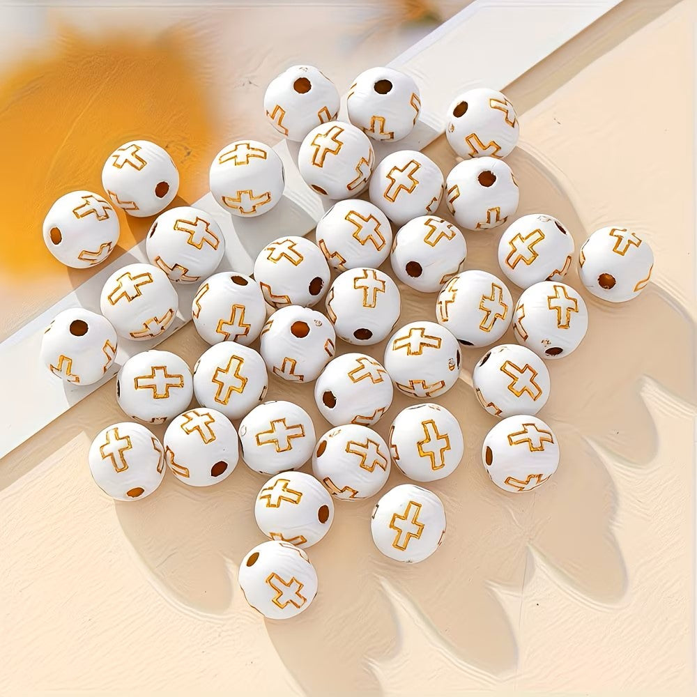 Margele acrilice 8mm alb cu model cruce auriu