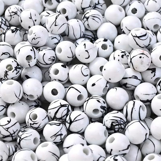 Margele acrilice 8mm alb pictat cu negru