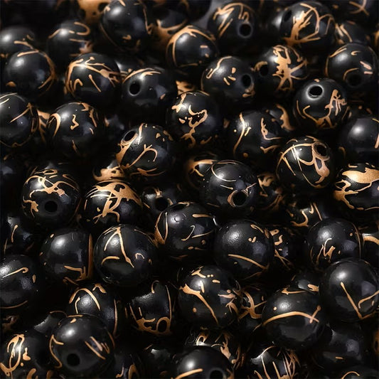 Margele acrilice 8mm negru pictat cu auriu