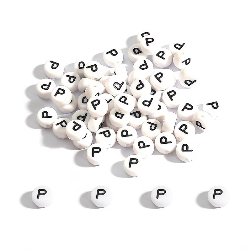 Margele acrilice alb si negru litera P 7mm