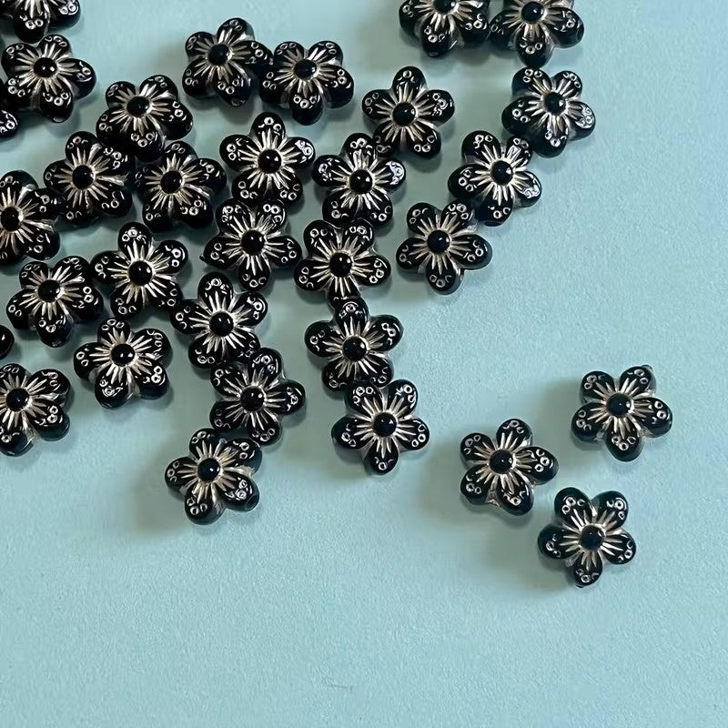 Margele acrilice floare 10mm negru si auriu