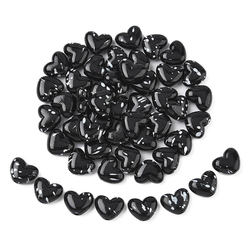 Margele acrilice inima 11x14mm negru pictat cu alb