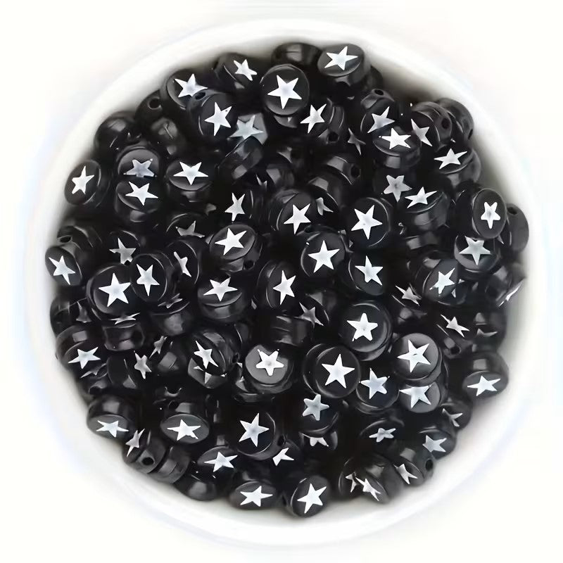 Margele acrilice rotunde plate 7mm negru cu model stea alb