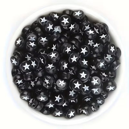 Margele acrilice rotunde plate 7mm negru cu model stea alb