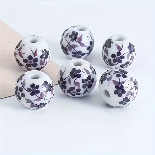 Margele din portelan 8mm alb cu model flori mov