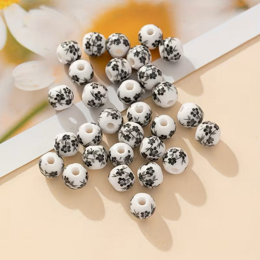 Margele din portelan 8mm alb cu model flori negru