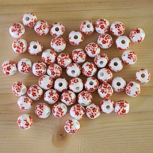 Margele din portelan 8mm alb cu model flori rosu