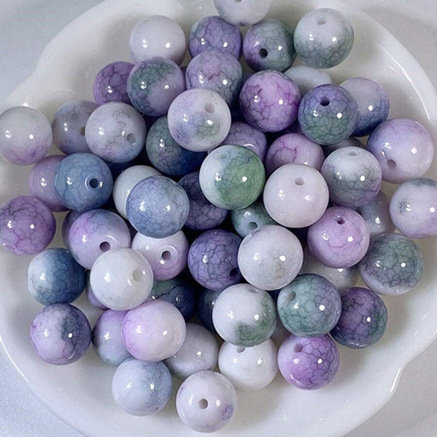 Margele din portelan 8mm alb cu mov si verde