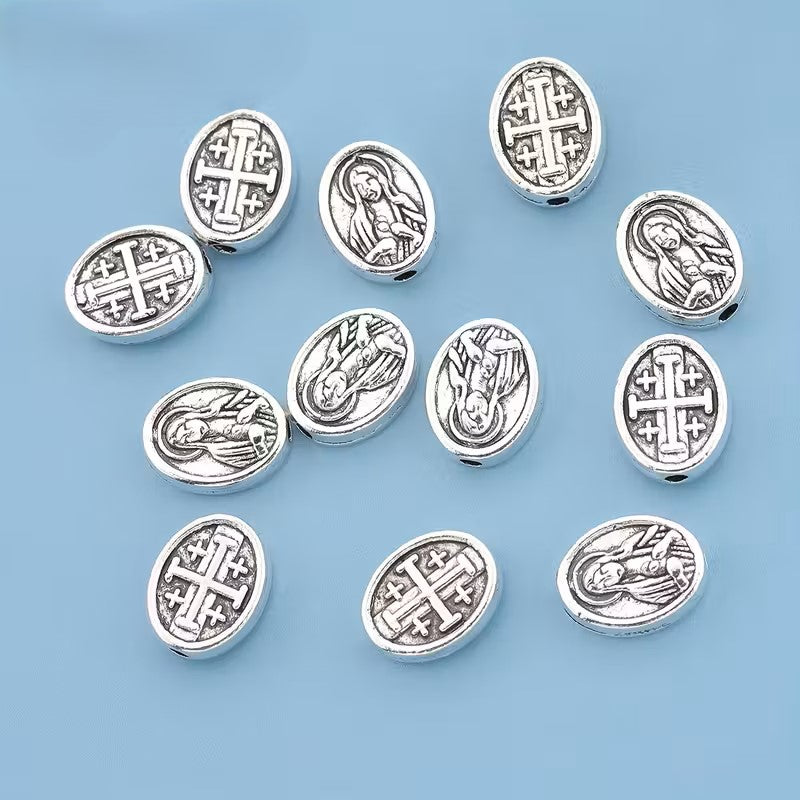 Margele metalice ovale Fecioara Maria si cruce 10x8mm argintiu