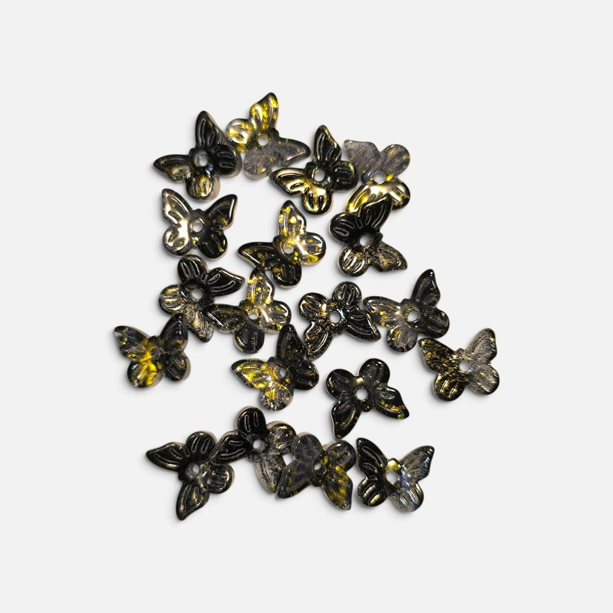 Margele sticla fluture 10x11mm negru cu auriu