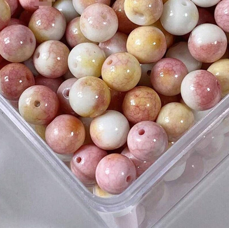 Margele din portelan 8mm alb cu rosu si galben