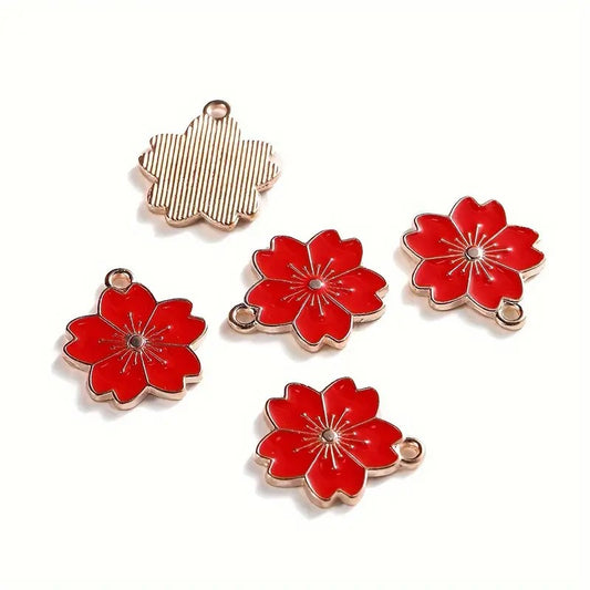 Pandantiv floare cires auriu emailat rosu 20x18mm