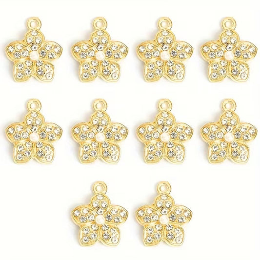 Pandantiv floare cu cristale si perla 17x15mm auriu