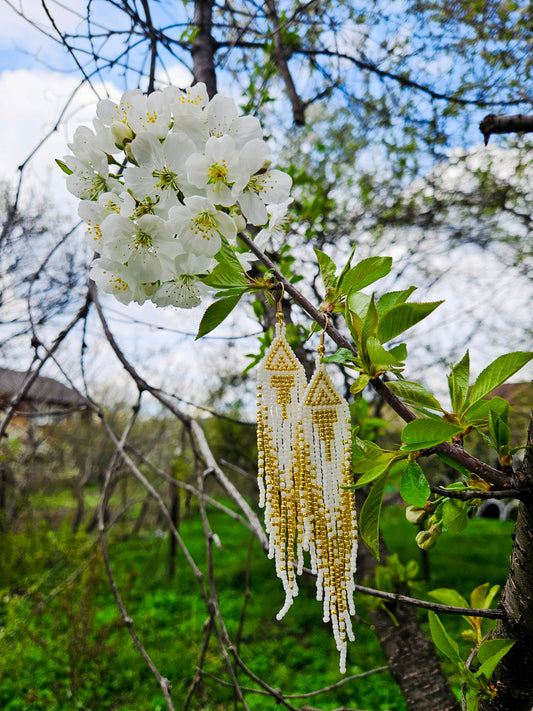 Cercei franjuri White&Gold alb si auriu