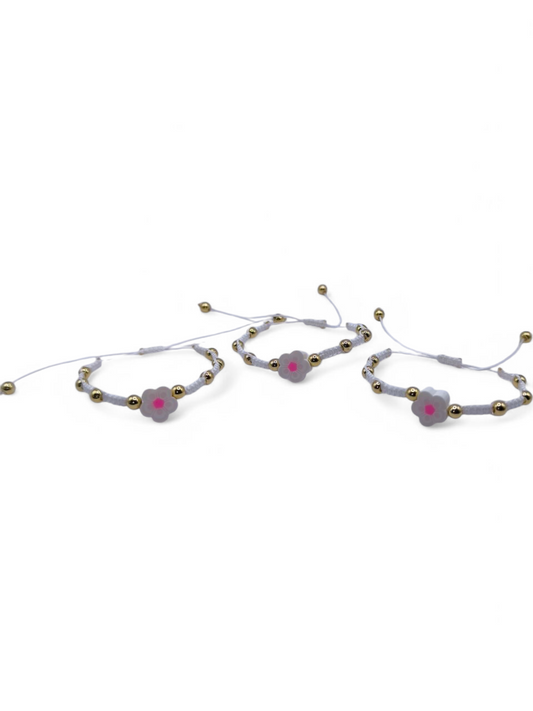 Bratara reglabila copii White Flower alb cu auriu si floare