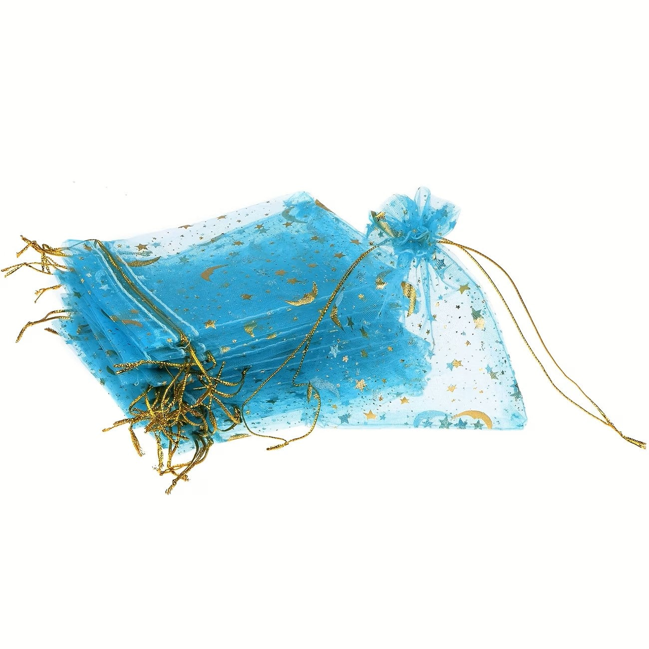 Saculet organza albastru deschis cu stele si luna aurii 7x9cm