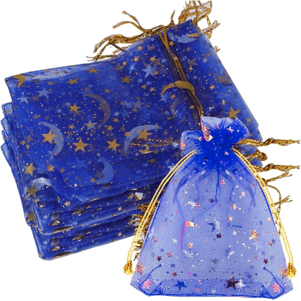 Saculet organza albastru cu stele si luna aurii 7x9cm