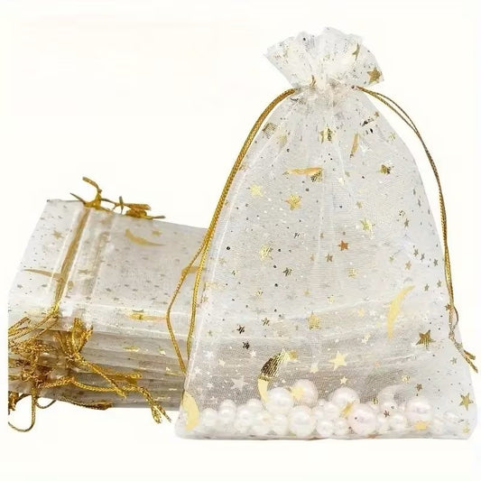 Saculet organza alb cu stele si luna aurii 7x9cm