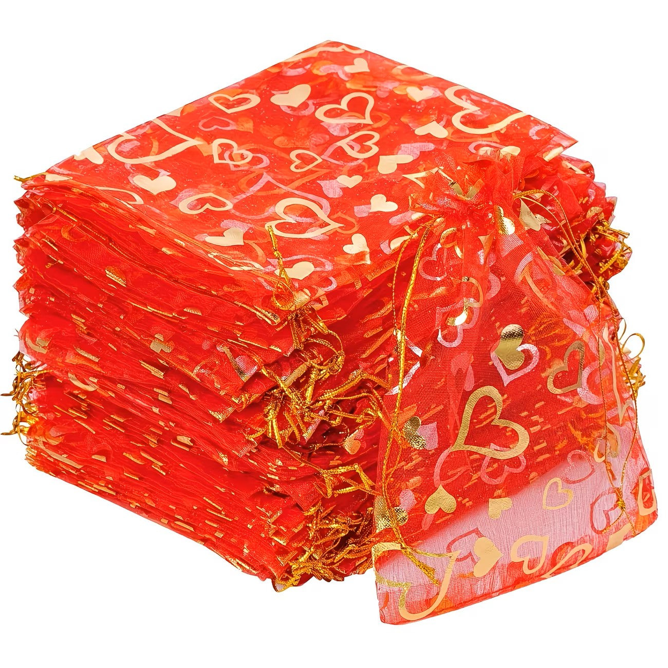 Saculet organza rosu cu inimi aurii 7x9cm&nbsp;