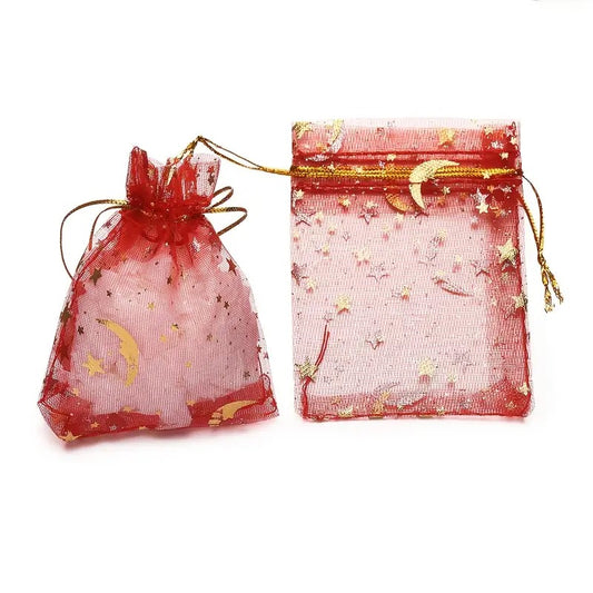 Saculet organza rosu cu stele si luna aurii 7x9mm