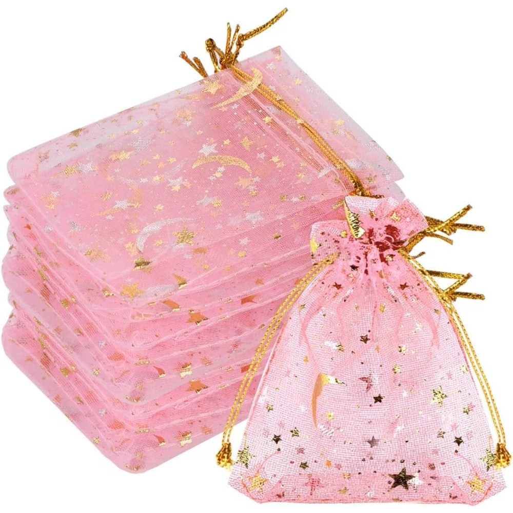 Saculet organza roz cu stele si luna aurii 7x9cm
